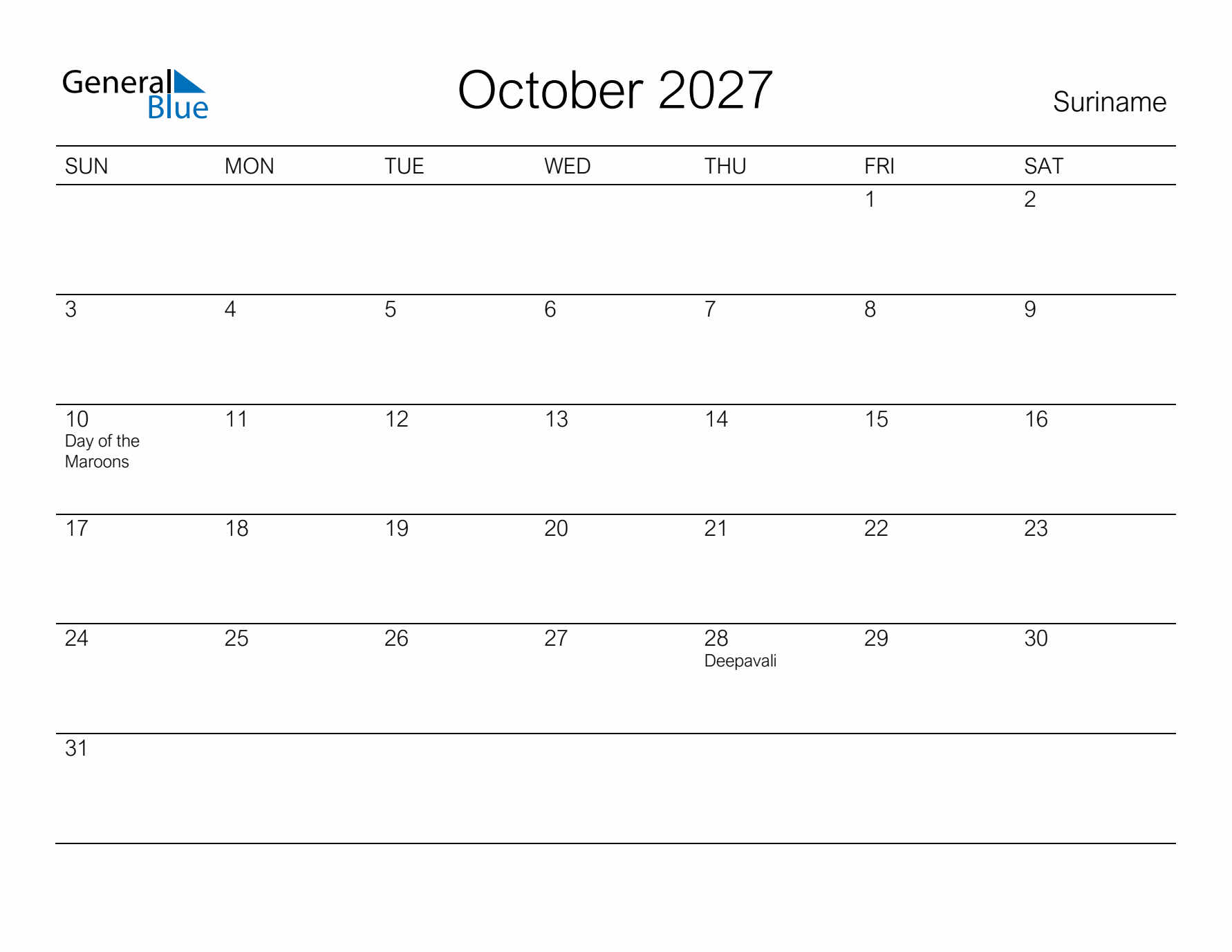 Printable October 2027 Calendar for Suriname
