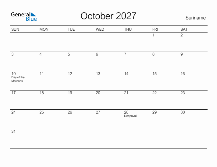 Printable October 2027 Calendar for Suriname