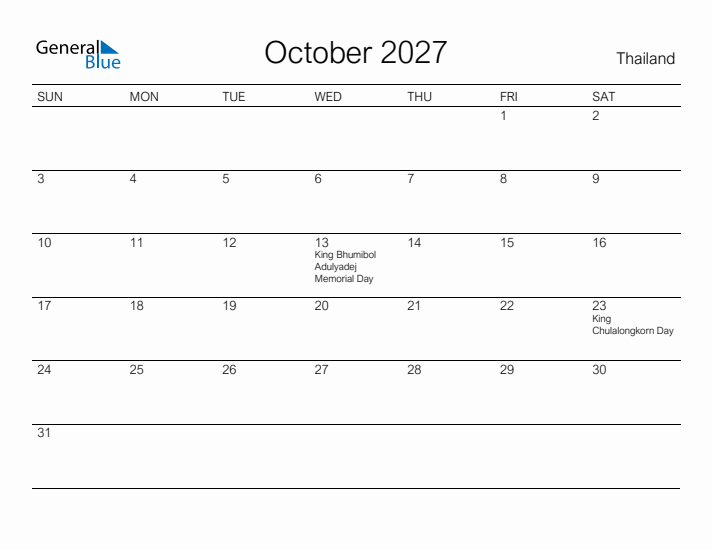 Printable October 2027 Calendar for Thailand