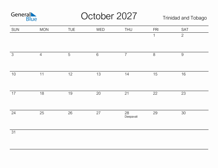Printable October 2027 Calendar for Trinidad and Tobago