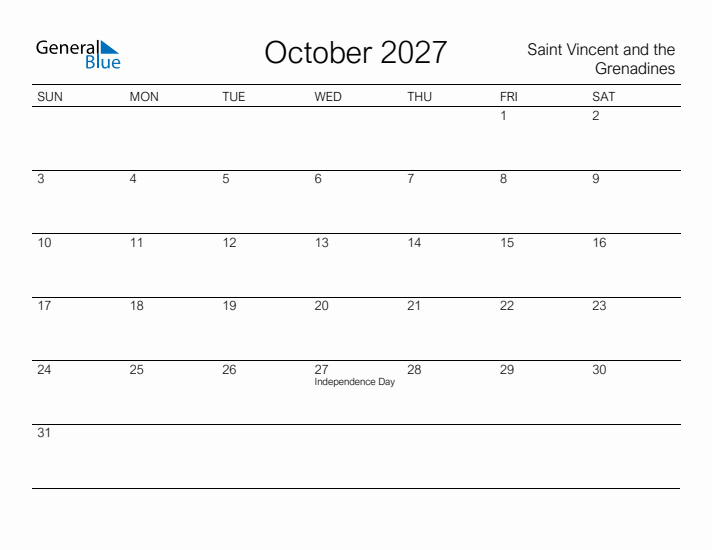 Printable October 2027 Calendar for Saint Vincent and the Grenadines
