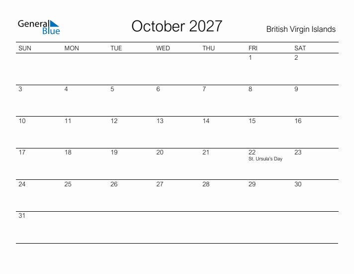 Printable October 2027 Calendar for British Virgin Islands