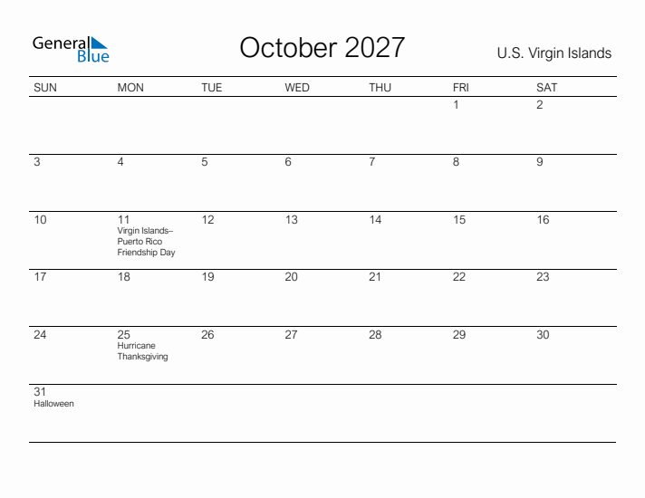 Printable October 2027 Calendar for U.S. Virgin Islands