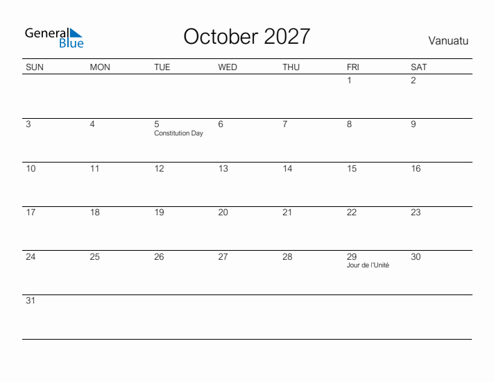 Printable October 2027 Calendar for Vanuatu