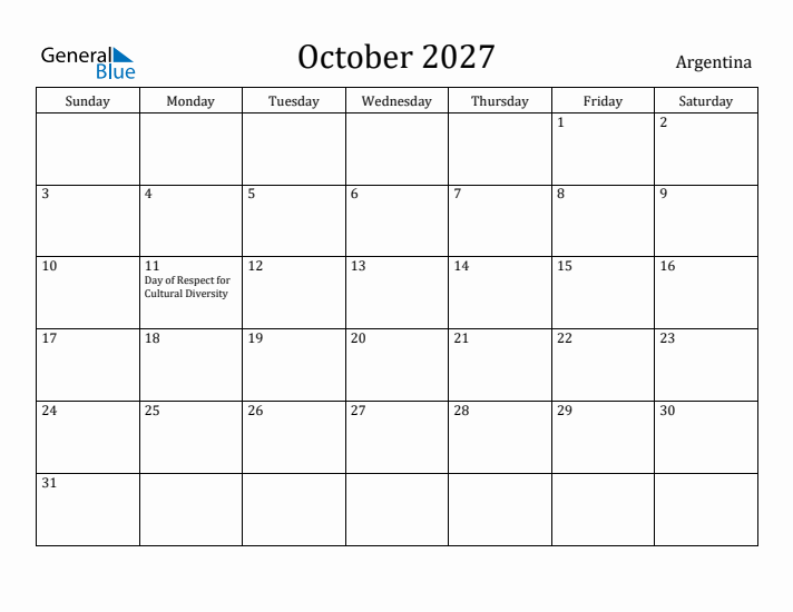 October 2027 Calendar Argentina