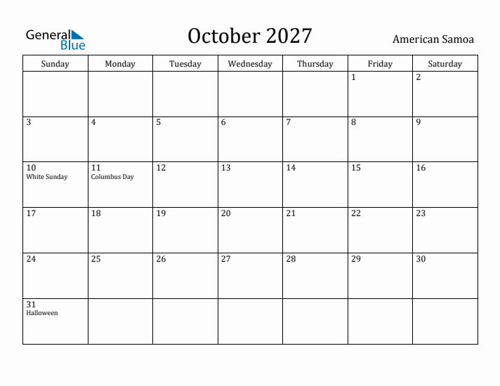 October 2027 Calendar American Samoa