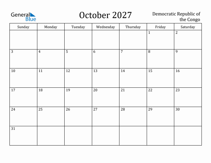 October 2027 Calendar Democratic Republic of the Congo