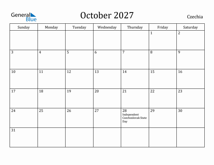 October 2027 Calendar Czechia