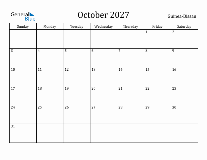 October 2027 Calendar Guinea-Bissau