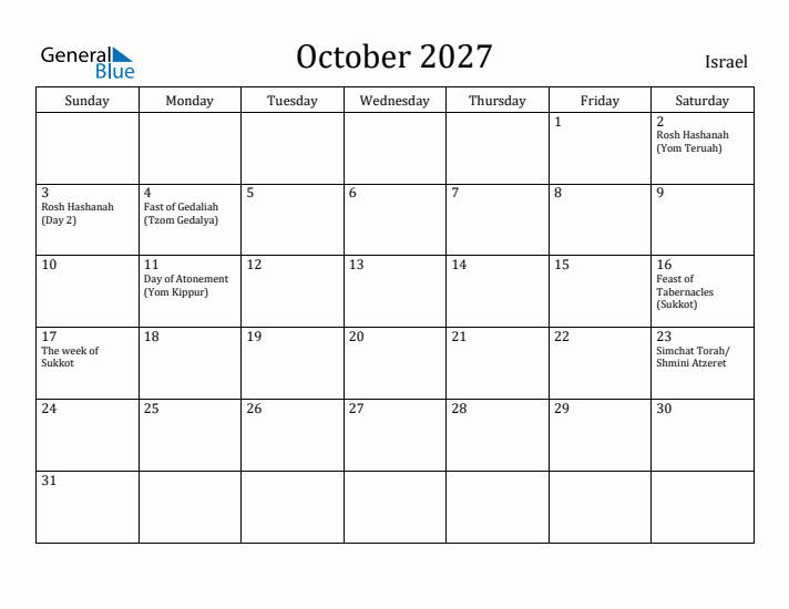 October 2027 Calendar Israel