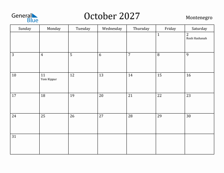 October 2027 Calendar Montenegro