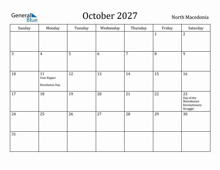 October 2027 Calendar North Macedonia