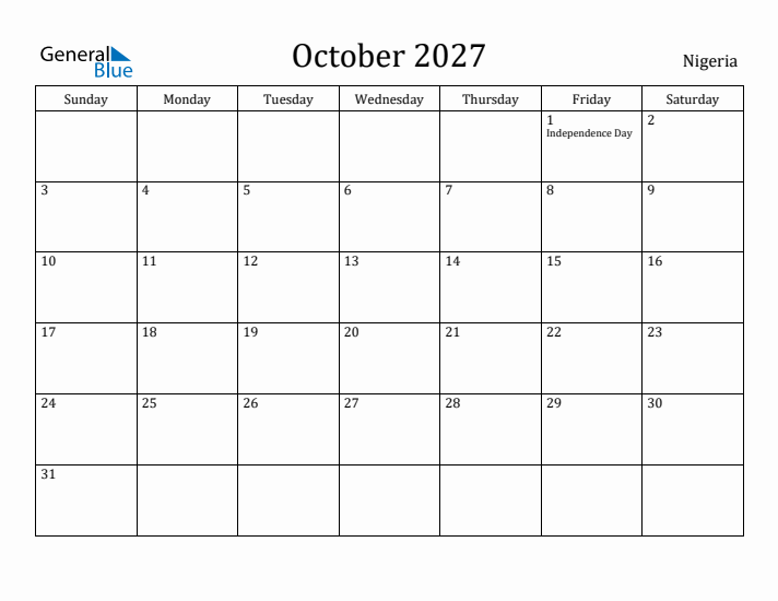 October 2027 Calendar Nigeria
