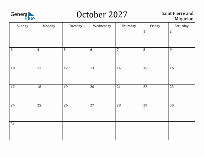 October 2027 Calendar Saint Pierre and Miquelon