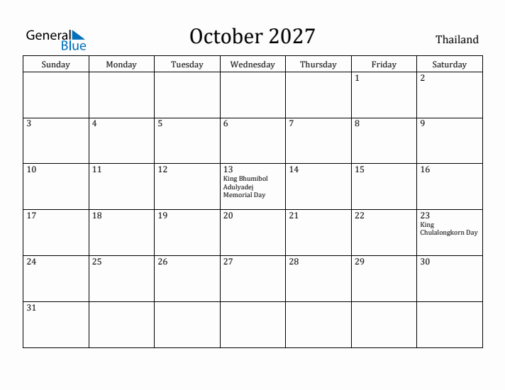 October 2027 Calendar Thailand