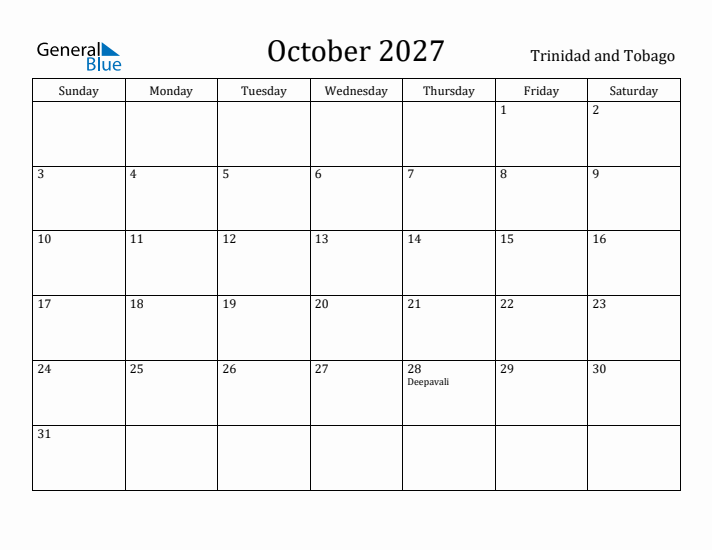October 2027 Calendar Trinidad and Tobago