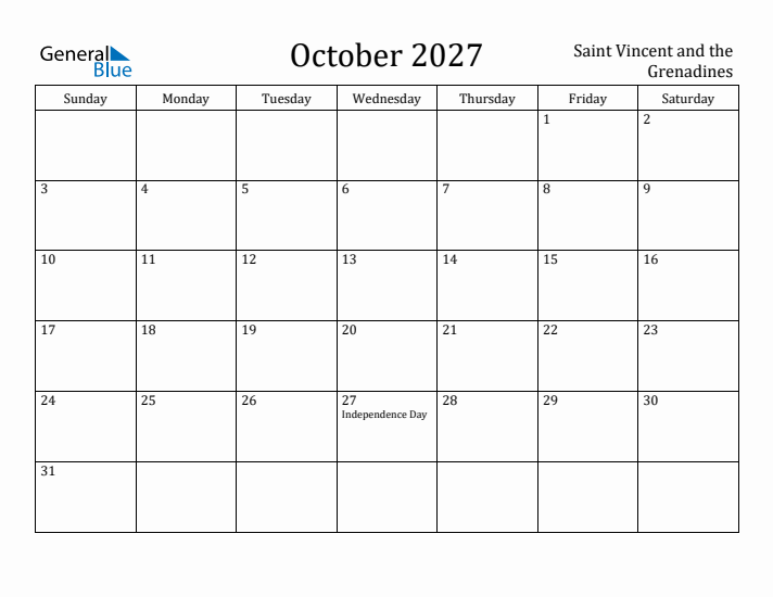 October 2027 Calendar Saint Vincent and the Grenadines
