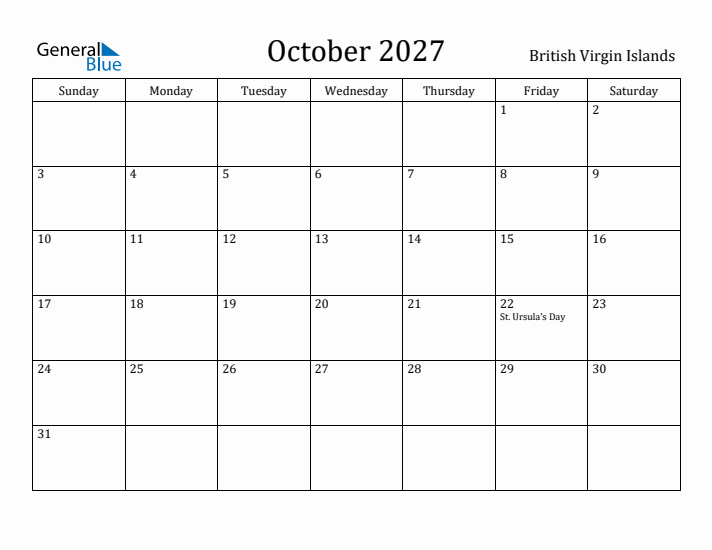 October 2027 Calendar British Virgin Islands