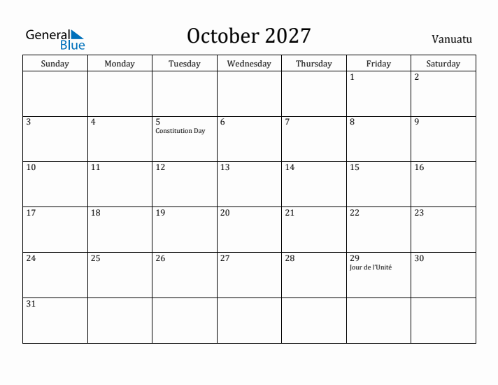 October 2027 Calendar Vanuatu