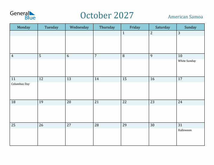 October 2027 Calendar with Holidays