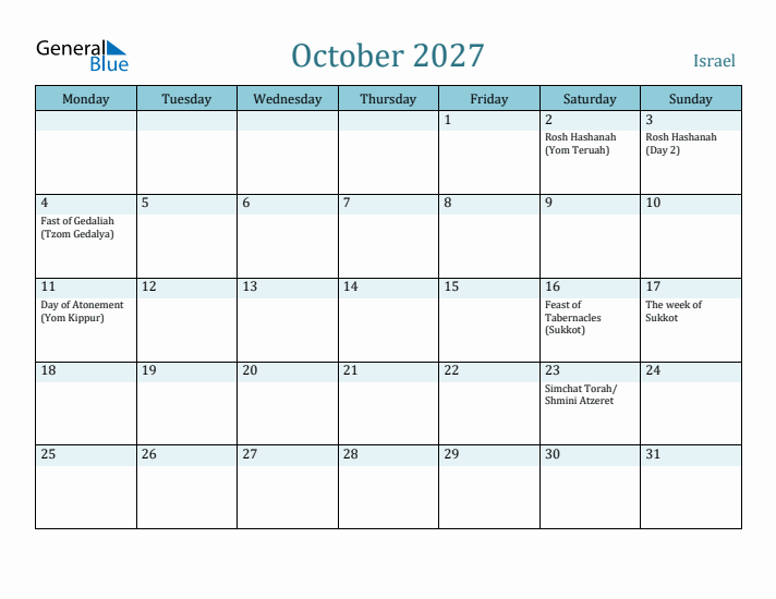 October 2027 Calendar with Holidays