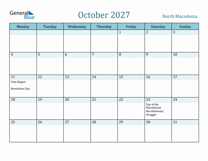 October 2027 Calendar with Holidays
