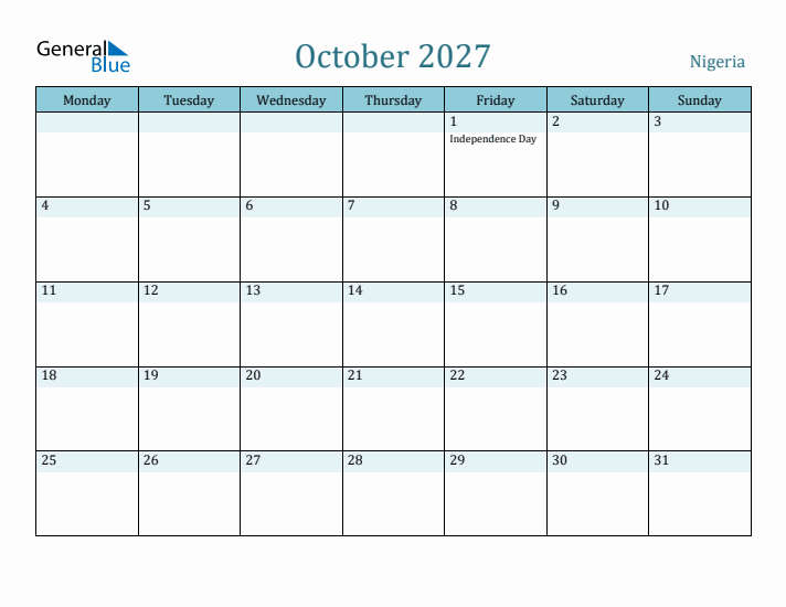 October 2027 Calendar with Holidays