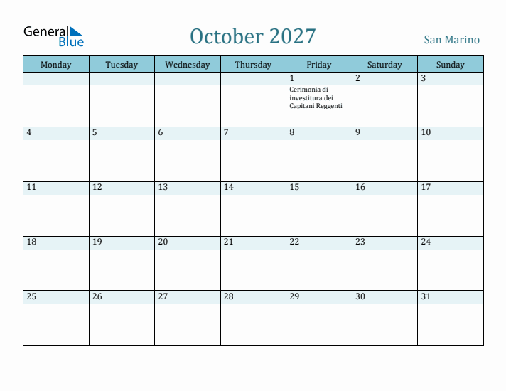 October 2027 Calendar with Holidays