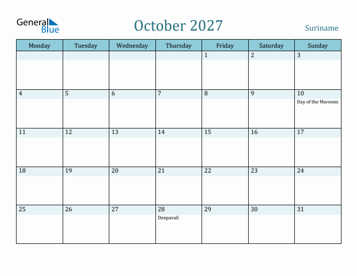 October 2027 Calendar with Holidays