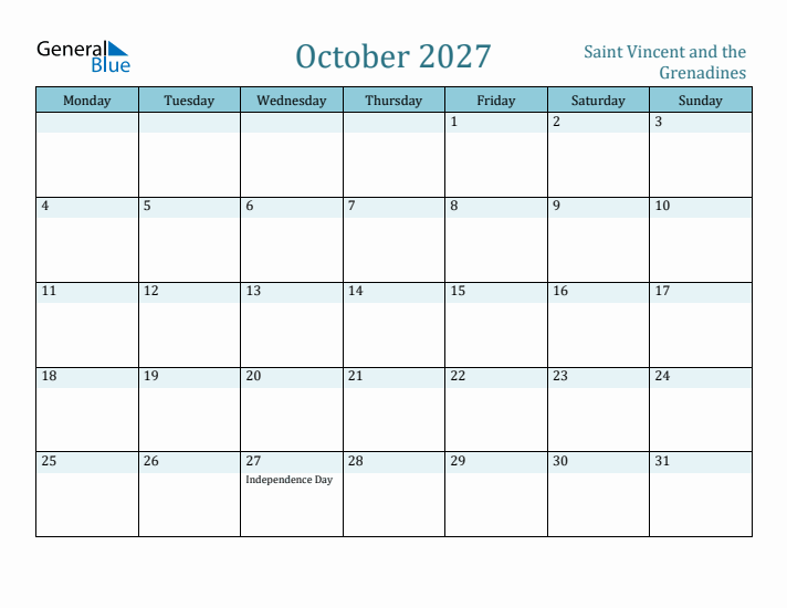 October 2027 Calendar with Holidays