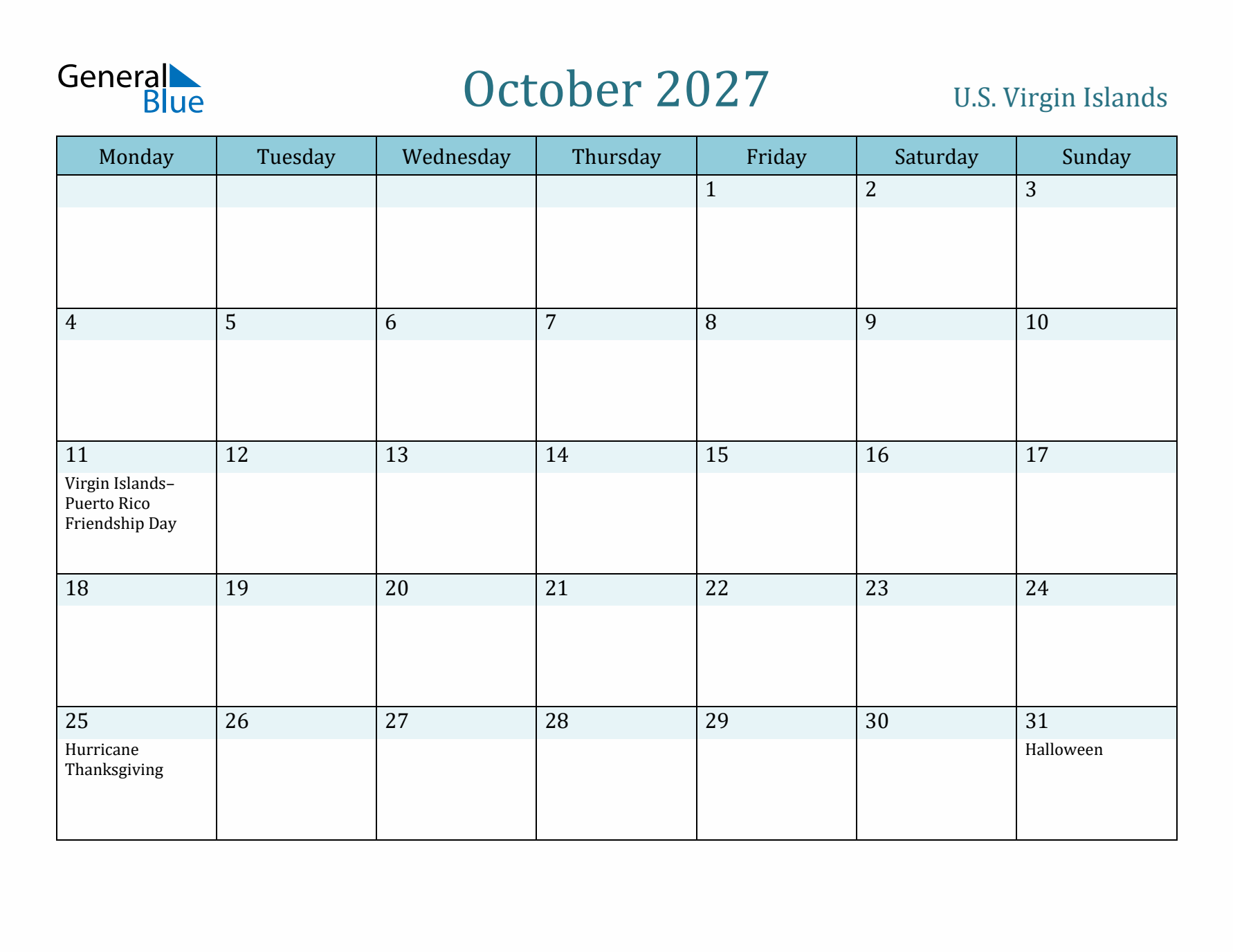 October 2027 Calendar with Holidays