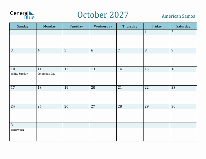 October 2027 Calendar with Holidays