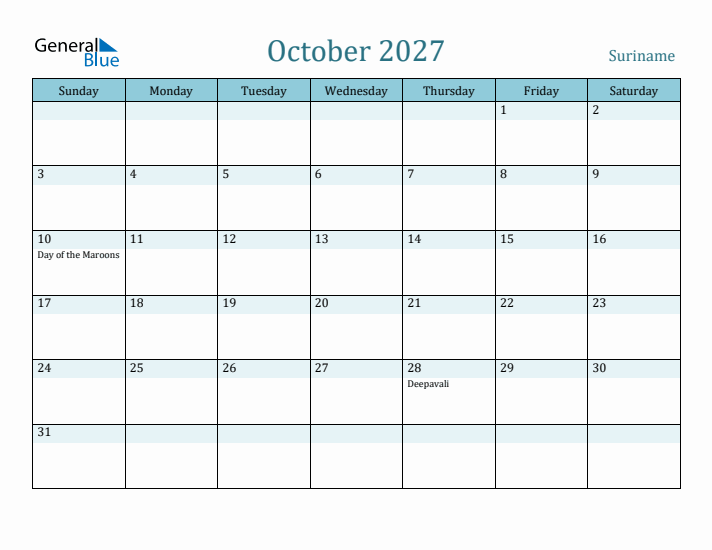 October 2027 Calendar with Holidays