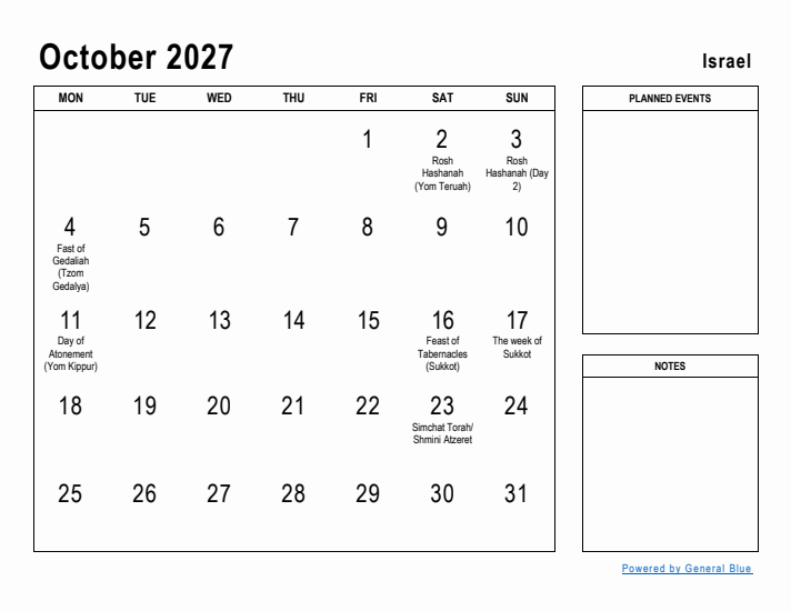 October 2027 Printable Monthly Calendar with Israel Holidays