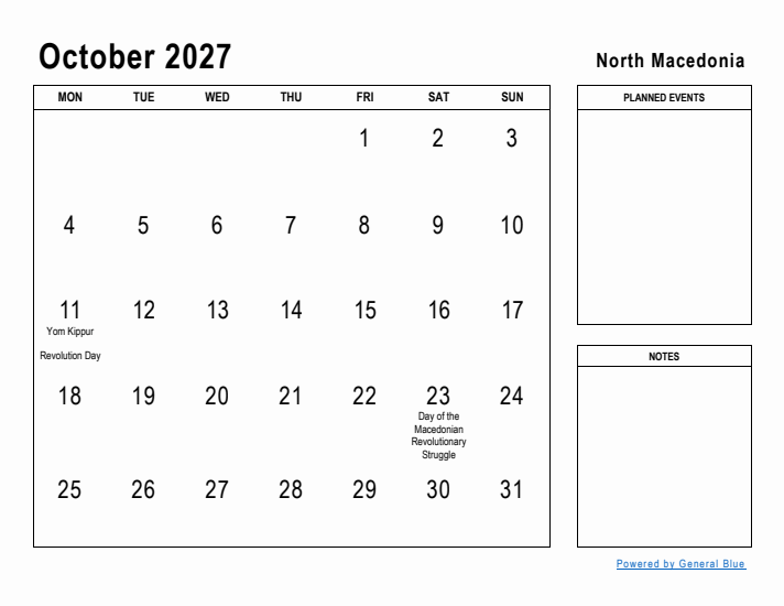 October 2027 Printable Monthly Calendar with North Macedonia Holidays
