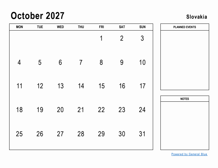 October 2027 Printable Monthly Calendar with Slovakia Holidays