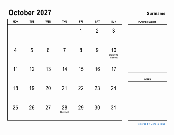 October 2027 Printable Monthly Calendar with Suriname Holidays