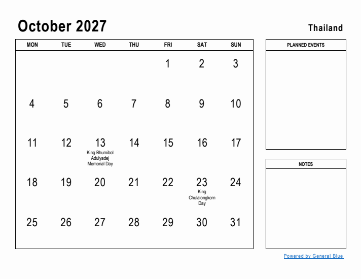 October 2027 Printable Monthly Calendar with Thailand Holidays