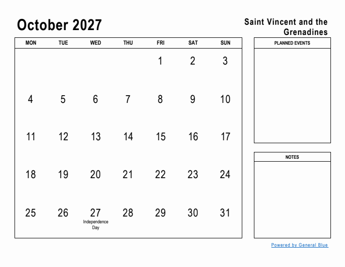 October 2027 Printable Monthly Calendar with Saint Vincent and the Grenadines Holidays