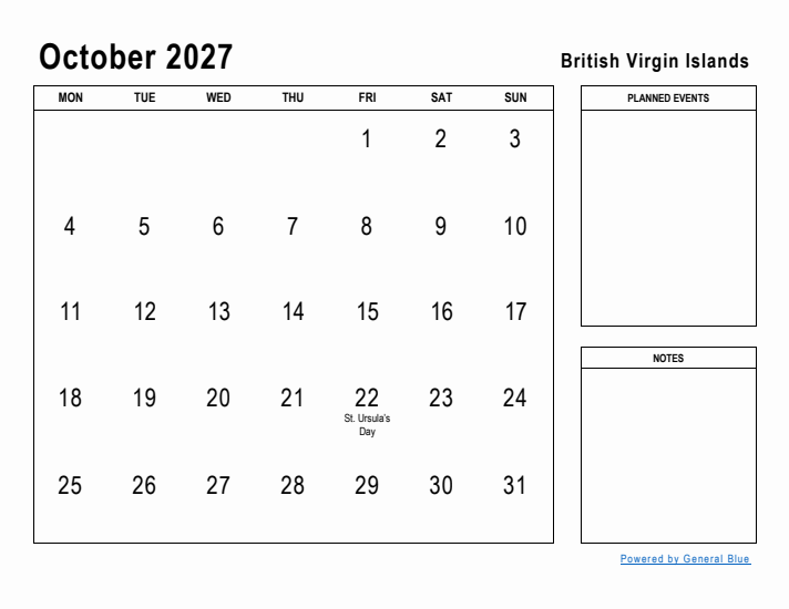 October 2027 Printable Monthly Calendar with British Virgin Islands Holidays