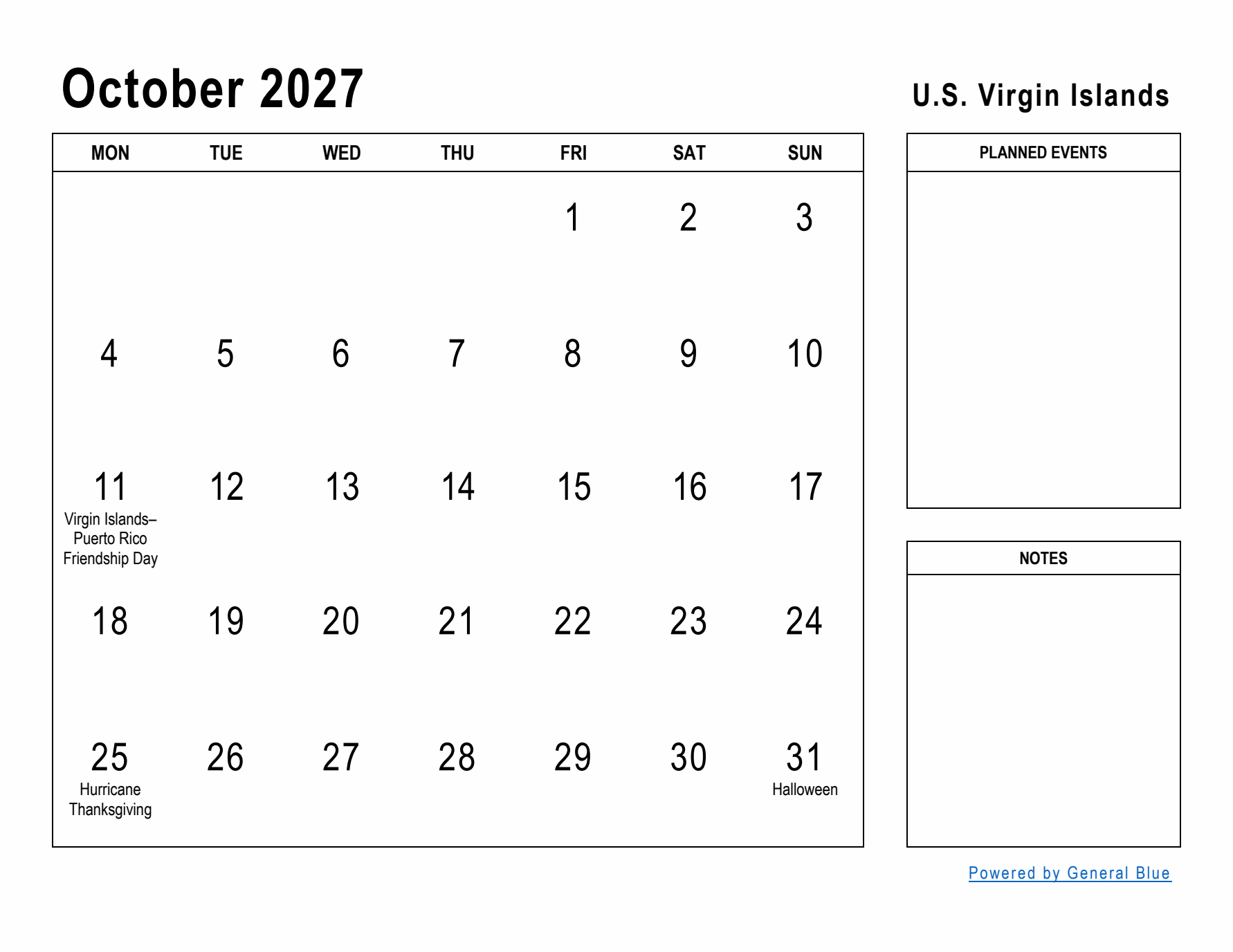 October 2027 Printable Monthly Calendar with U.S. Virgin Islands Holidays