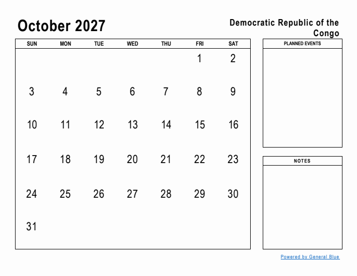 October 2027 Printable Monthly Calendar with Democratic Republic of the Congo Holidays