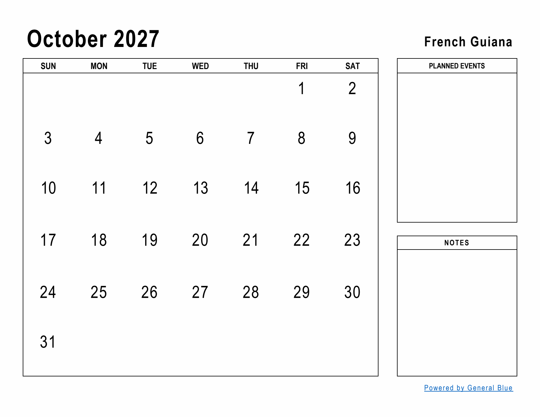 October 2027 Printable Monthly Calendar with French Guiana Holidays