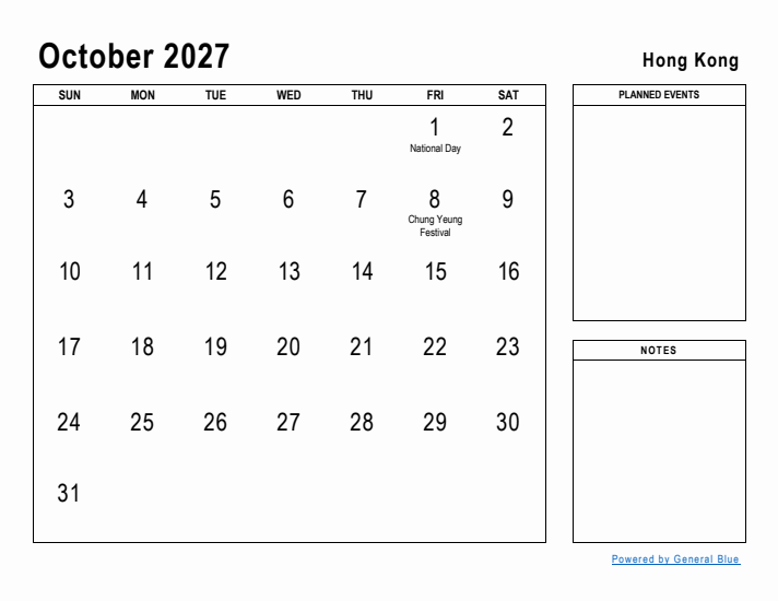 October 2027 Printable Monthly Calendar with Hong Kong Holidays