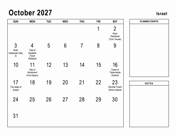 October 2027 Printable Monthly Calendar with Israel Holidays