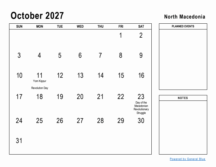 October 2027 Printable Monthly Calendar with North Macedonia Holidays
