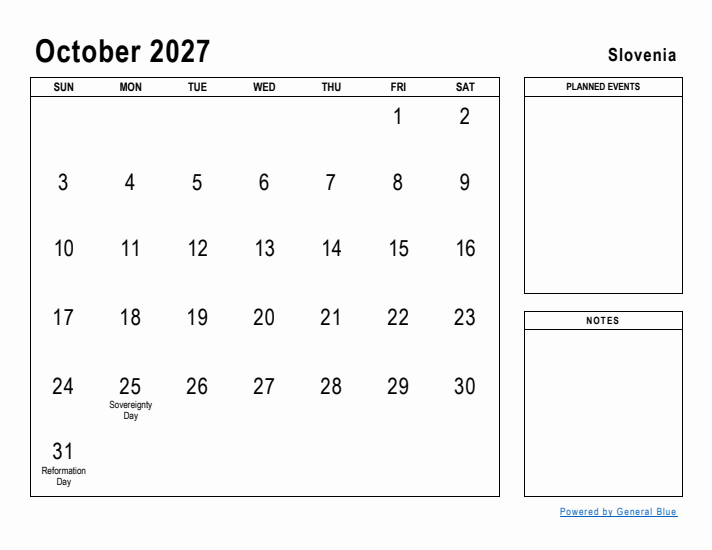 October 2027 Printable Monthly Calendar with Slovenia Holidays