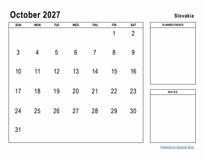 October 2027 Printable Monthly Calendar with Slovakia Holidays