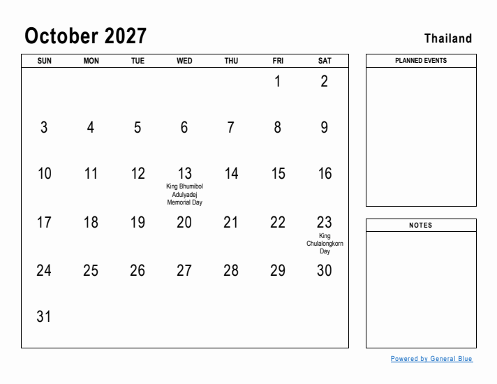 October 2027 Printable Monthly Calendar with Thailand Holidays