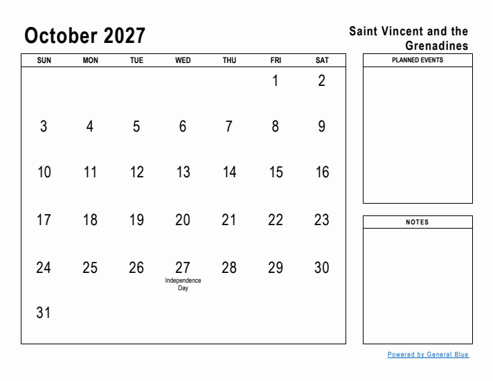 October 2027 Printable Monthly Calendar with Saint Vincent and the Grenadines Holidays